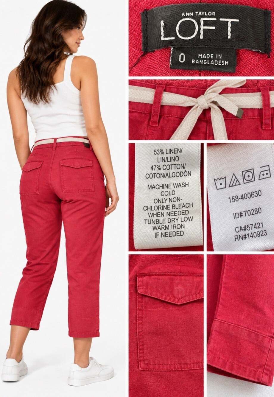 Coastal Ann Taylor Loft Women's Cropped Utility Pants Size 0 Red Linen Blend